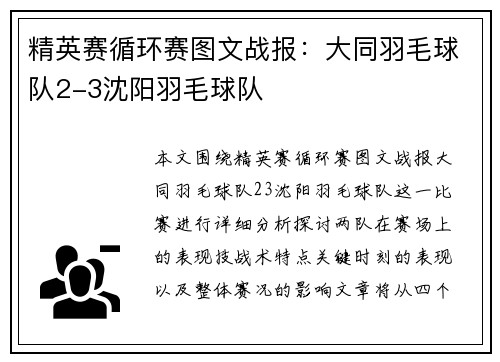 精英赛循环赛图文战报：大同羽毛球队2-3沈阳羽毛球队